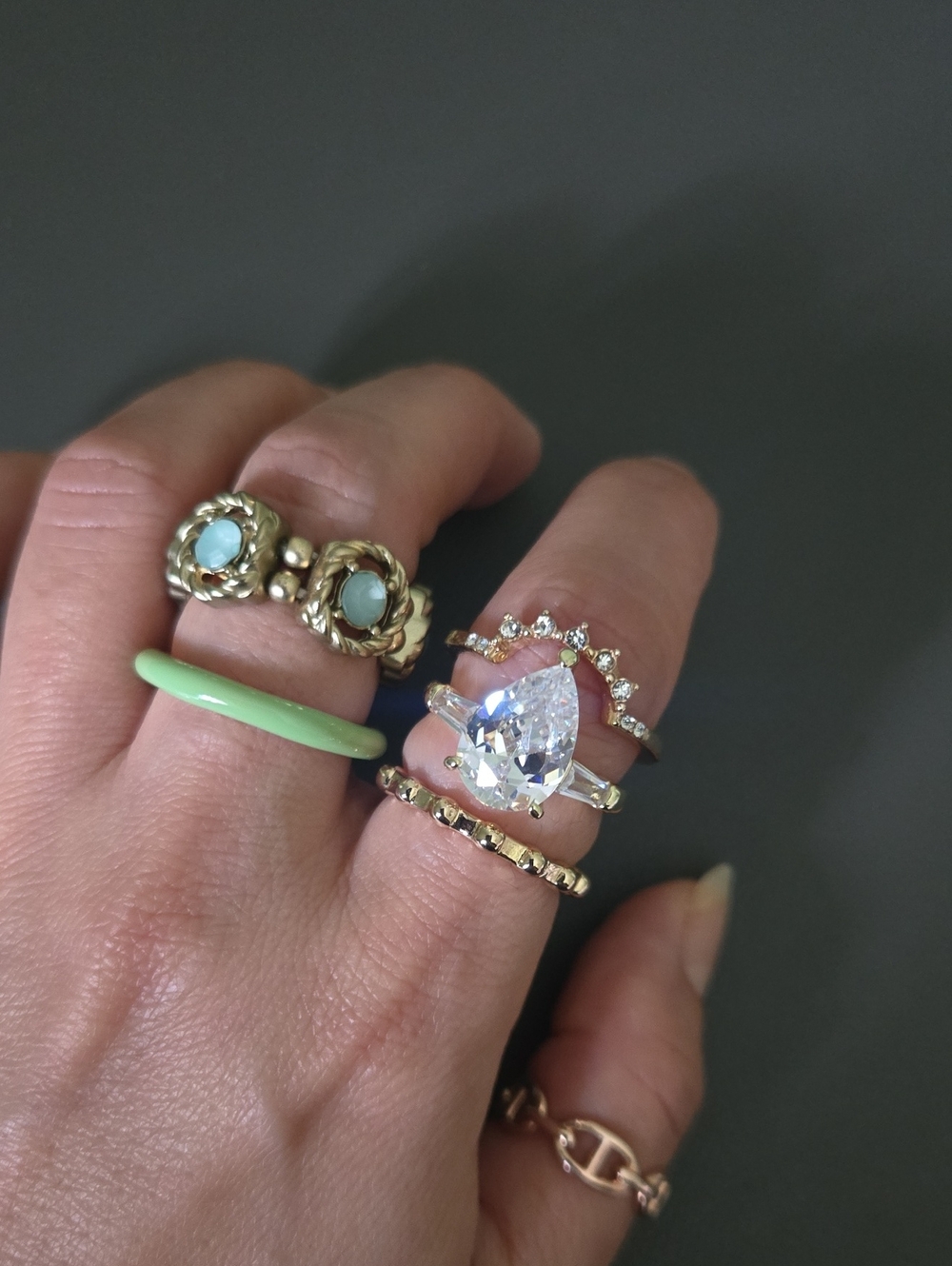 Gold and Mint Stacking Ring Set with Pear Solitaire